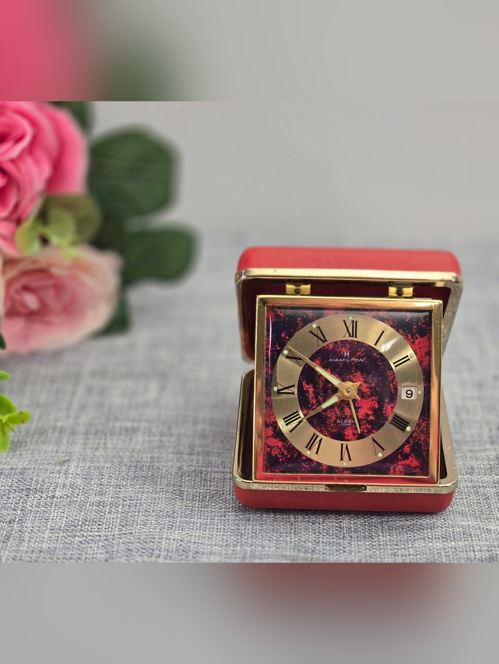 Vintage Red Leather and Brass Traveling Clock Hamilton Mechanical Wind Up‎ Japan